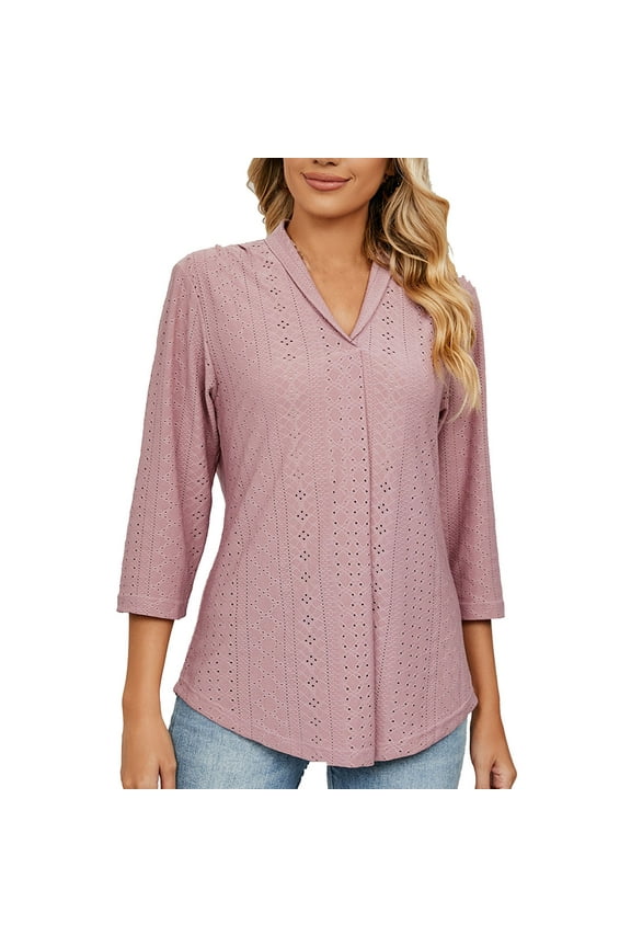 Eyelet Tops for Women Solid Color Lapel V Neck Short Sleeve Dressy Blouses Casual Work Office T Shirt