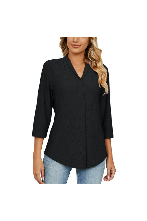 Eyelet Tops for Women Solid Color Lapel V Neck Short Sleeve Dressy Blouses Casual Work Office T Shirt