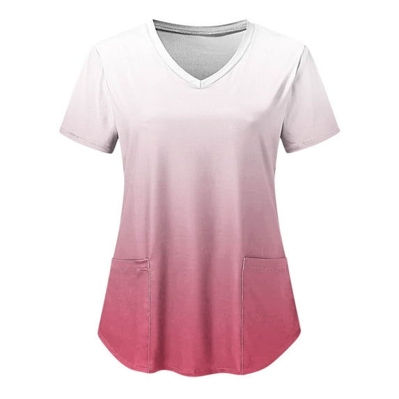 pbnbp Scrub Tops for Women Ombre Tie-Dye Shirt V Neck Short Sleeve Working Uniforms with Pockets Workwear Scrubs