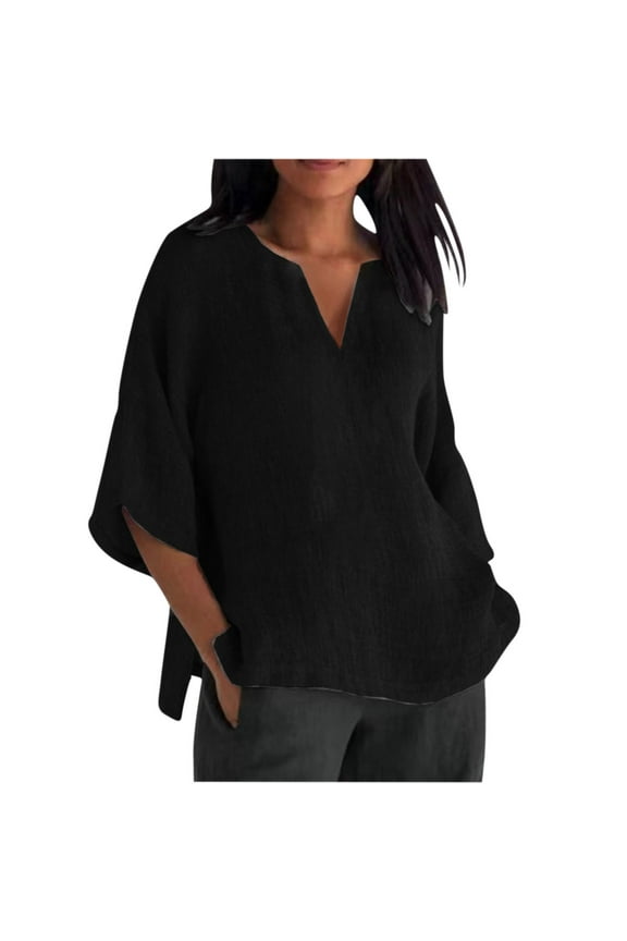 Summer Tops for Women Plus Size Cotton Linen Casual Solid Notch V Neck 3/4 Sleeve T Shirt Ladies Summer Tops and Blouses 2023