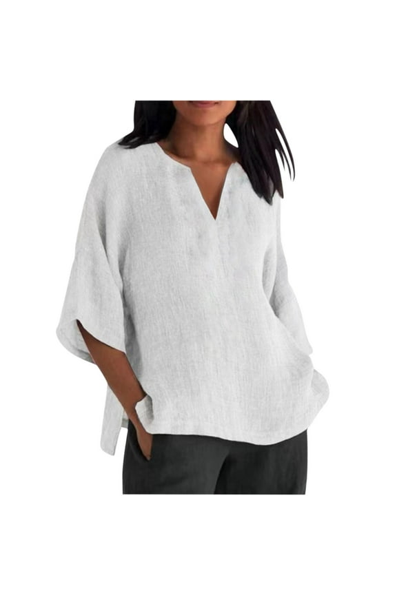 Summer Tops for Women Plus Size Cotton Linen Casual Solid Notch V Neck 3/4 Sleeve T Shirt Ladies Summer Tops and Blouses 2023