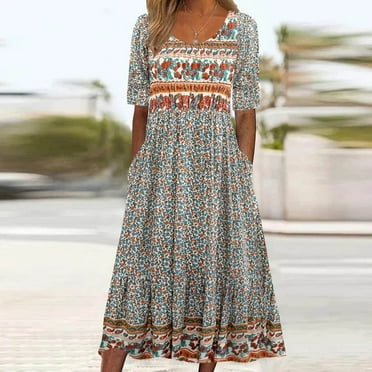 pstuiky Summer Dresses 2024, Women V-Neck Short Sleeve Printed Dress Boho Style Dress Knee-Length Mid-Calf Dress Holiday Dress Leisure Hot Pink XXXL