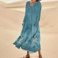 thumbnail image 1 of pstuiky Dresses for Women, Women Cotton and Linen Dress Long Sleeve Crew Neck Dress Printed Dress and Ankle Dress Casual Holiday Dress with Pockets Leisure Sky Blue L, 1 of 5