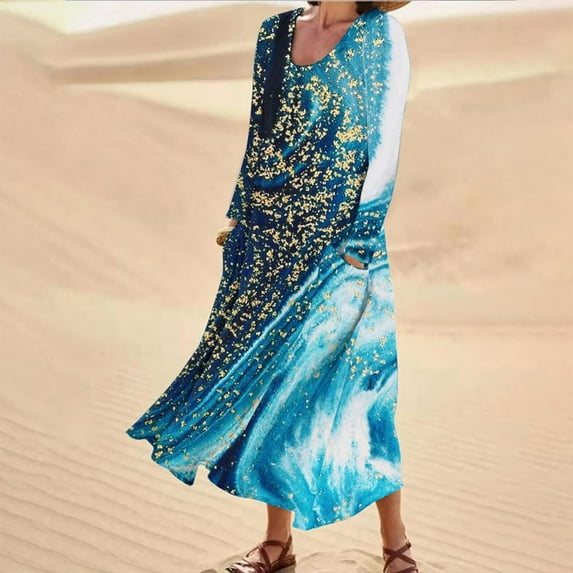 Summer Savings Clearance! pstuiky Dresses for Women, Women Cotton and Linen Dress Long Sleeve Crew Neck Dress Printed Dress and Ankle Dress Casual Holiday Dress with Pockets Leisure Blue M