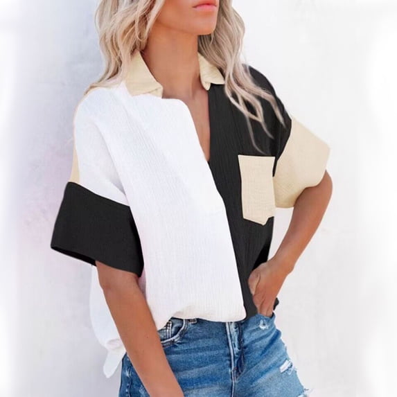 Summer Savings Clearance! pstuiky Oversized Tshirts Shirts for Women, Women Short-Sleeved Lapel Top Button-Down Shirt with Pockets Leisure Black XL