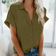 Summer Savings Clearance! pstuiky Oversized Tshirts Shirts for Women, Women Short-Sleeved Lapel Top Button-Down Shirt with Pockets Leisure Brown L