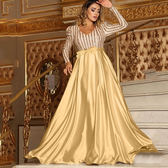 pstuiky Sequin Dresses for Women Solid Color V Neck Long Sleeve Maxi Dress Sparkly Glitter Party Swing Prom Dress A-Line Cocktail Dresses Womens Dress