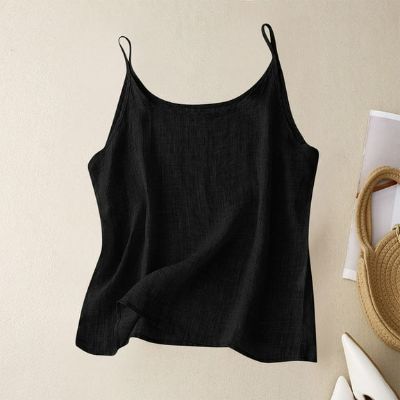 pstuiky Women Tank Top, Women Solid Color Cotton Linen Camisole Top Breathable Round Neck Sleeveless Tank for Summer Casual Wear Lightweight Comfortable Blouse Black 2XL
