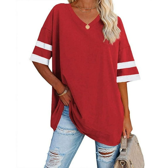 pstuiky T-Shirts Shirts for Women, Women Solid Color Splicing Top Loose Short Sleeve V-Neck Top T-Shirt Short Sleeve Tunic Top Leisure Red S