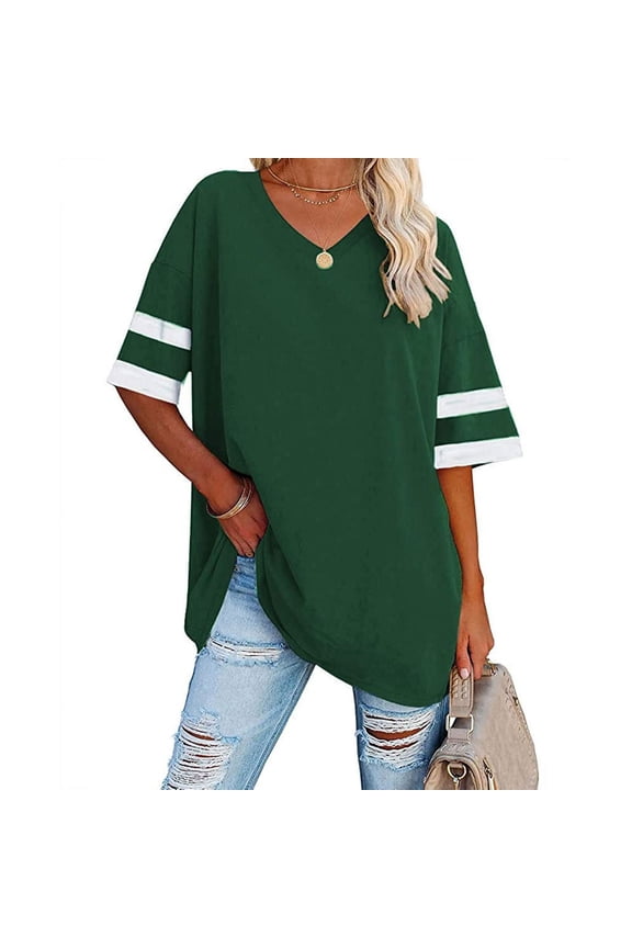 T-Shirts Shirts for Women, Women Solid Color Splicing Top Loose Short Sleeve V-Neck Top T-Shirt Short Sleeve Tunic Top Leisure Green XL