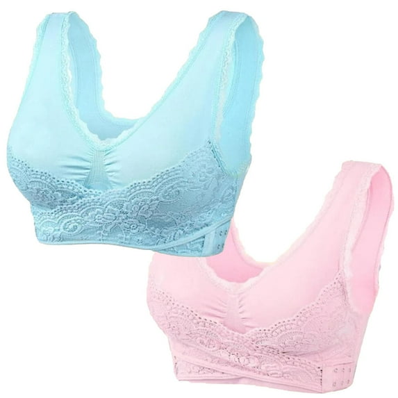 yievot 2 Pack Bras for Women Embroidered Wireless Bra, Front Cross Side Buckle Wireless Lace Bras, Comfort Everyday Bra