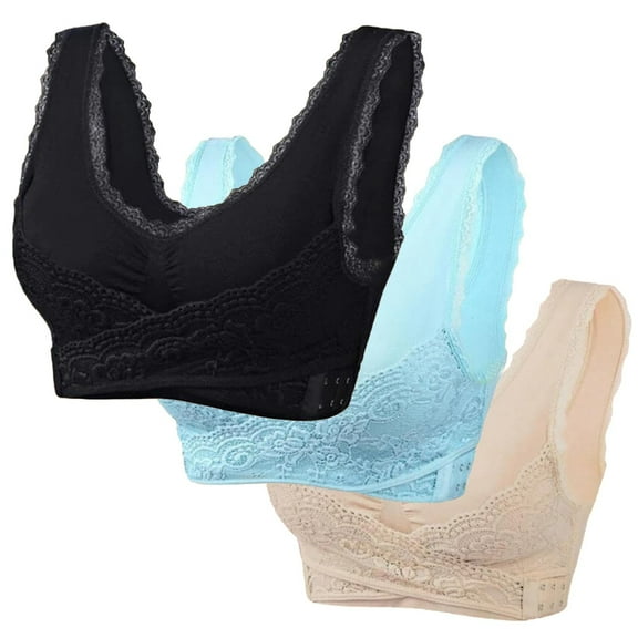 yievot 3 Pack Bras for Women Embroidered Wireless Bra, Front Cross Side Buckle Wireless Lace Bras, Comfort Everyday Bra