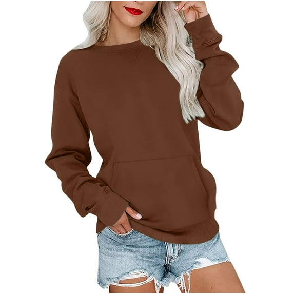 yievot Long Sleeve Tops Dressy Casual Women's Fashion Solid Loose Round-Neck Long Sleeve Pocket Blouse Sweater