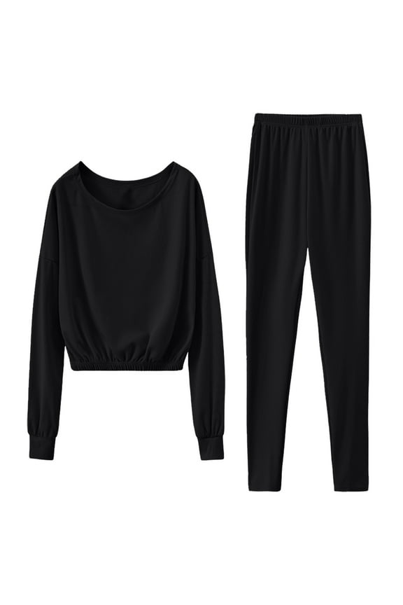 Lounge Sets for Women Long Sleeved Knitted Two Piece Cropped Tops and Pants Pajamas Loungewear
