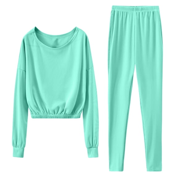 Summer Savings Clearance! yievot Lounge Sets for Women Long Sleeved Knitted Two Piece Cropped Tops and Pants Pajamas Loungewear