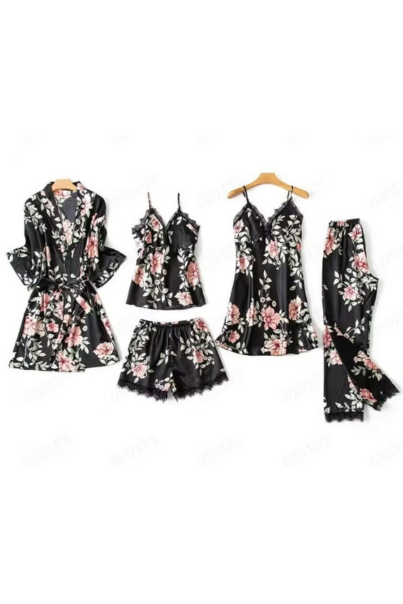 Pajamas Set for Women Silk Satin Nightwear 5 Piece Robe Nightdress Soft Sleepwear Loungewear