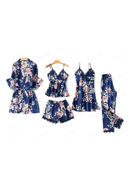 Pajamas Set for Women Silk Satin Nightwear 5 Piece Robe Nightdress Soft Sleepwear Loungewear