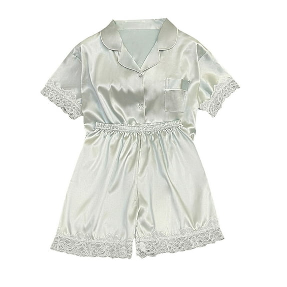 yievot Silk Satin Pajamas Set Women Two-Piece Nightwear Lace Short Sleeve Shirts Soft Button Down Loungewear Pjs Set