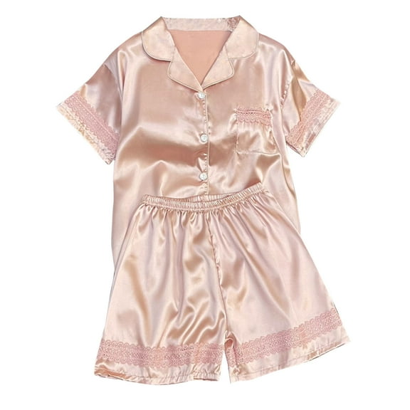 yievot Silk Satin Pajamas Set Women Two-Piece Nightwear Lace Short Sleeve Shirts Soft Button Down Loungewear Pjs Set