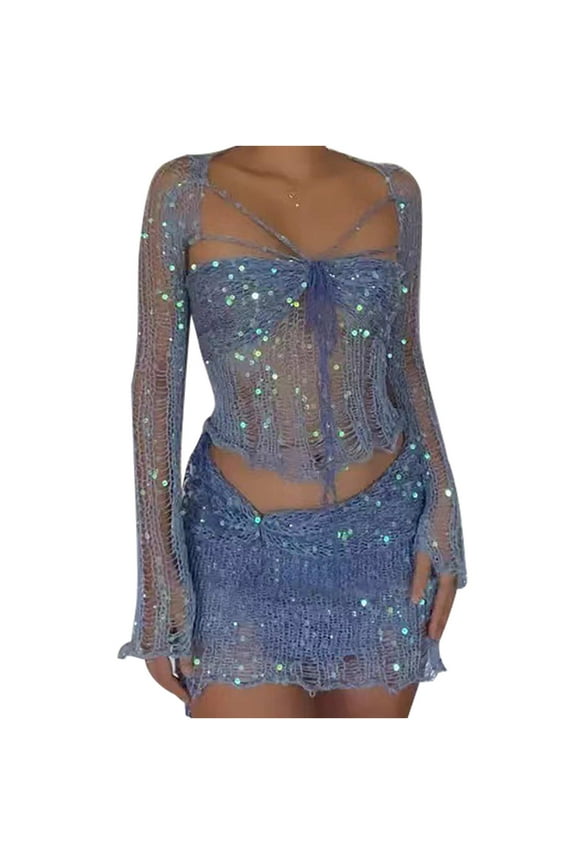 Women Sequin Skirt And Top Set Y2k Lace Up Halter Mesh Long Sleeve Crop Top Short Crochet Skirt 2 Piece Outfits
