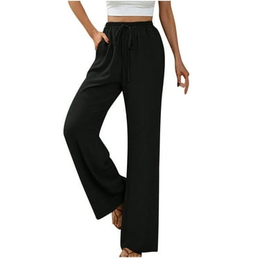 Summer Savings Clearance! yievot Women Straight Wide Leg Pants Casual Drawstring High Waisted Long Trousers with Pockets