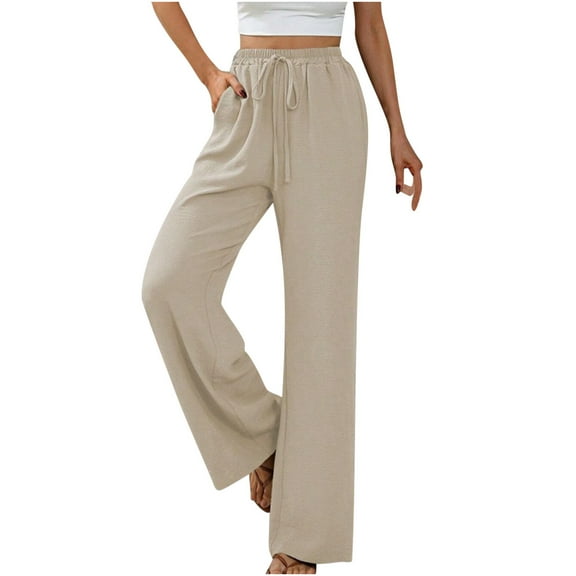 yievot Women Straight Wide Leg Pants Casual Drawstring High Waisted Long Trousers with Pockets