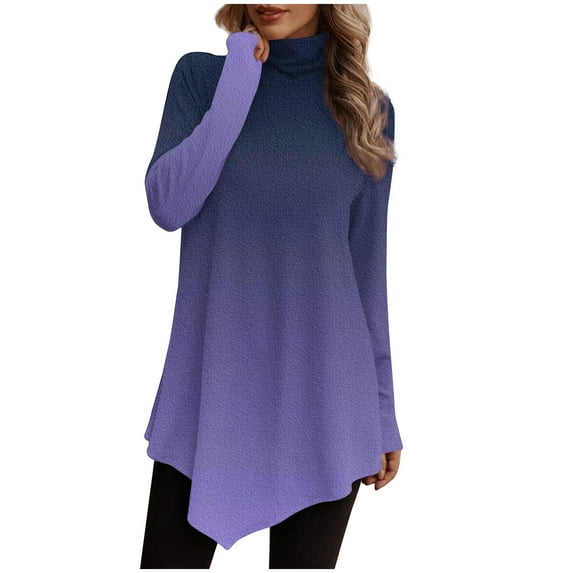 yievot Women Tunic Tops Turtleneck Long Sleeve Solid Color Irregular Hem Blouse Shirts