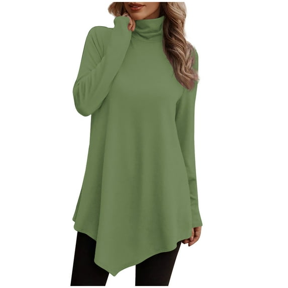 yievot Women Tunic Tops Turtleneck Long Sleeve Solid Color Irregular Hem Blouse Shirts