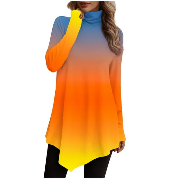 yievot Women Tunic Tops Turtleneck Long Sleeve Solid Color Irregular Hem Blouse Shirts