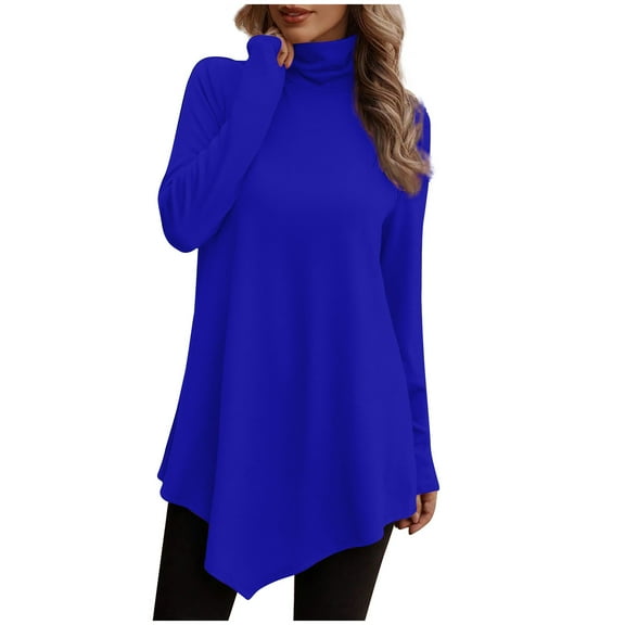 yievot Women Tunic Tops Turtleneck Long Sleeve Solid Color Irregular Hem Blouse Shirts