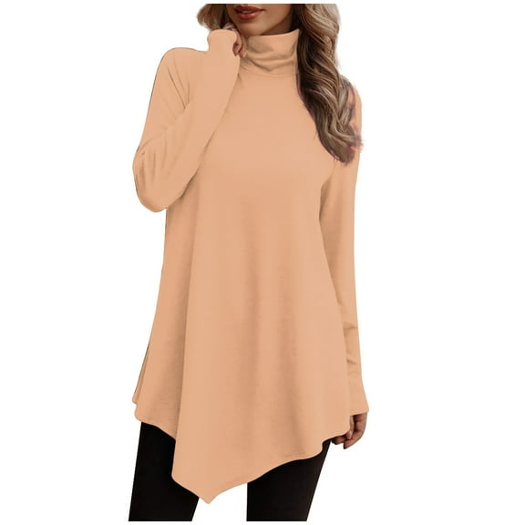 yievot Women Tunic Tops Turtleneck Long Sleeve Solid Color Irregular Hem Blouse Shirts