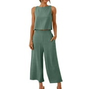 Summer Savings Clearance! yievot Women's 2 Piece Outfits Lounge Sets Sleeveless Tank Crop Button Back Top Cropped Wide Leg Pants Set Pockets