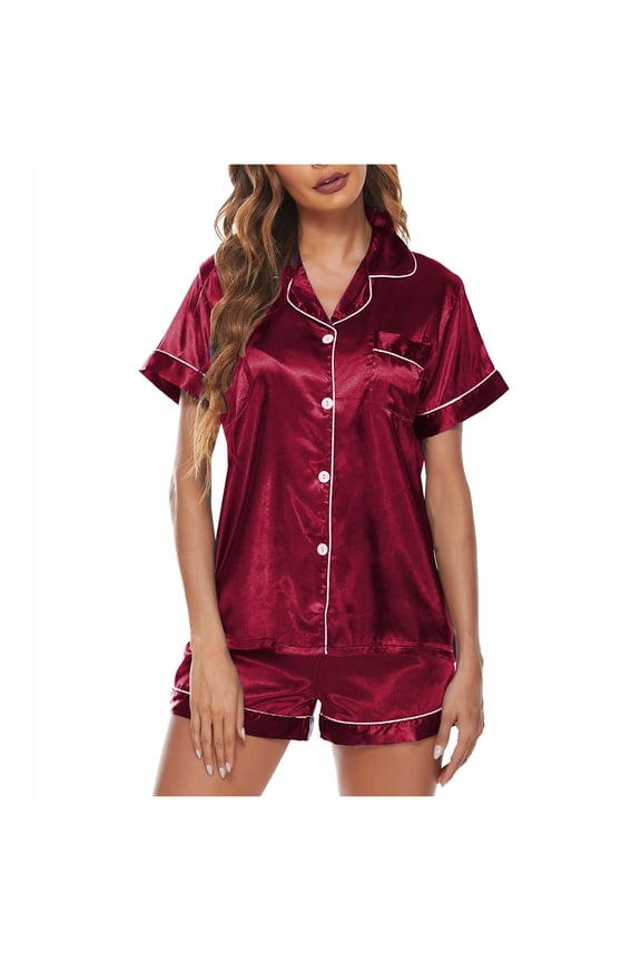 Women's Silk Satin Pajamas Sets Button Down Shirts and Shorts Pj Set Sleepwear Nightwear S-XXL