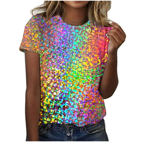 yievot Women's Sparkling Crystal Printed Short Sleeve Tops Round Neck Summer Dressy Casual Tees Shirts Tops