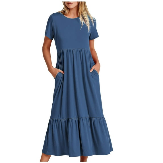 yievot Women's Summer Casual Dress Short Sleeve Crewneck Flowy Tiered Maxi Beach Dress with Pockets