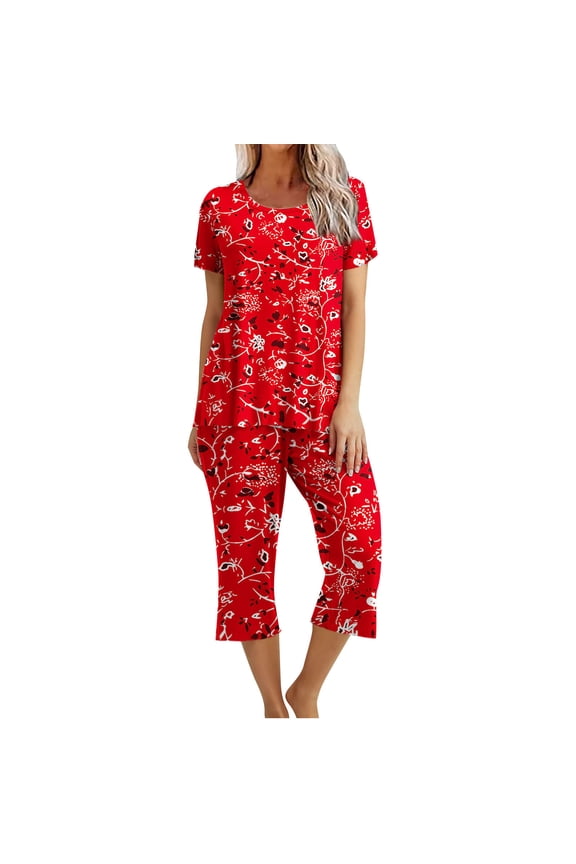 Womens Pajama Sets Short Sleeve Shirt and Capri Soft Pajama Sets with Pockets 2 Piece Sleepwear Loungewear