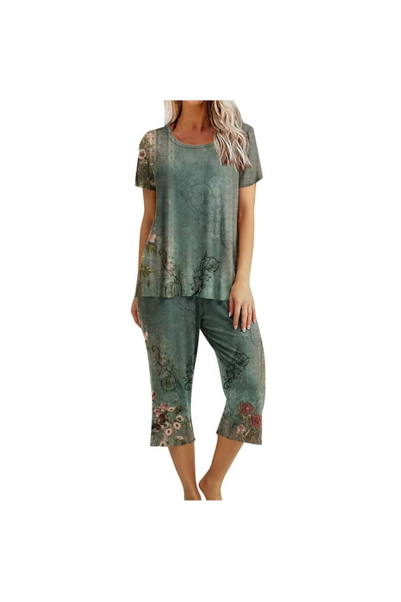 Womens Pajama Sets Short Sleeve Shirt and Capri Soft Pajama Sets with Pockets 2 Piece Sleepwear Loungewear
