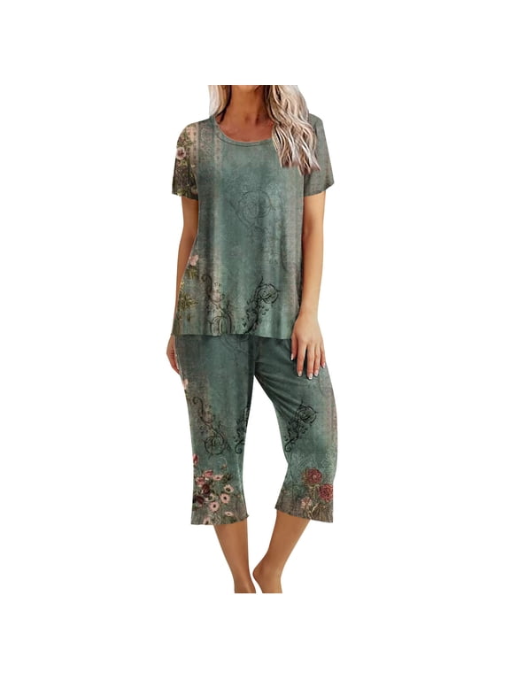 Womens Pajama Sets Short Sleeve Shirt and Capri Soft Pajama Sets with Pockets 2 Piece Sleepwear Loungewear