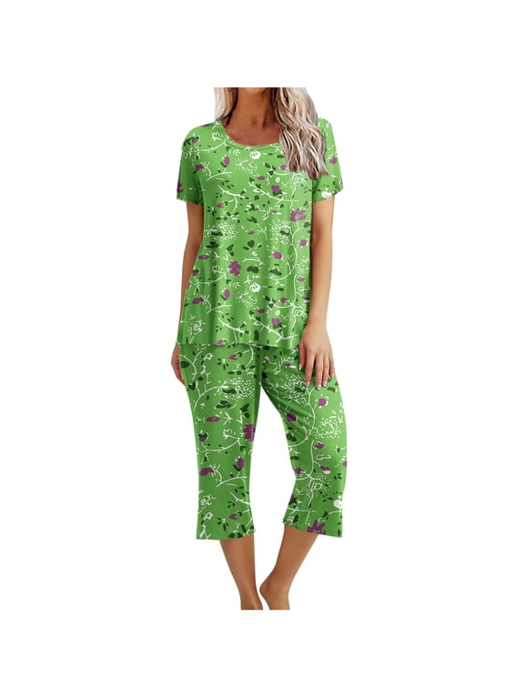 Womens Pajama Sets Short Sleeve Shirt and Capri Soft Pajama Sets with Pockets 2 Piece Sleepwear Loungewear