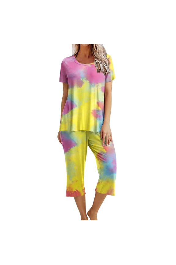 Womens Pajama Sets Short Sleeve Shirt and Capri Soft Pajama Sets with Pockets 2 Piece Sleepwear Loungewear