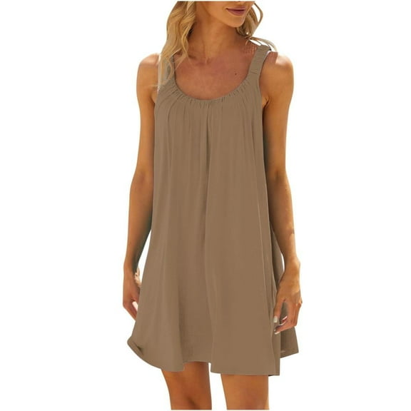 Cocktail Dresses for Women Women Fashionable Sleeveless Round Neck Printed Loose Long Dress Khaki L