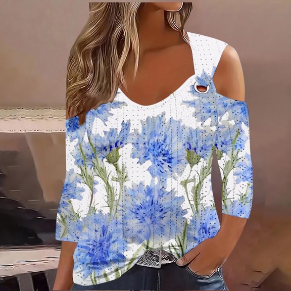 Cagogo Boho Short Sleeve Eyelet Cold Shoulder Shirt for Womens Summer Spring Tops Under $5 Dressy Casual Floral Print Round Neck T Shirt Night Out White Blouses Clothes