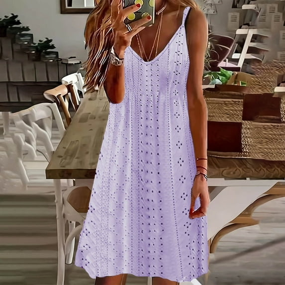 Cagogo Ladies Curvy Dresses Summer Spring Casual 2025 Sleeveless V Neck Spaghetti Strap Flowy Swing Eyelet Embroidery Short Mini Dresses Hide Belly Shirt Dresses