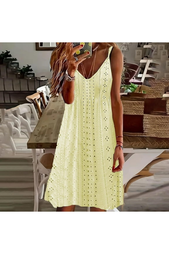 Women's Plus Size Flowy Swing Eyelet Embroidery Short Mini Sun Dress Summer Spring Spaghetti Strap Wedding Guest Dress Sleeveless V Neck Elegant Black Church Dress