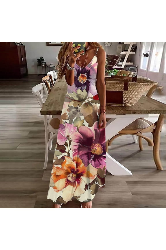 Ladies Summer Floral Swing Flowy Maxi Long Cami Sun Dress Graduation Dresses Plus Size Sleeveless Spaghetti Strap V Neck Going Out White Bridal Shower Dresses