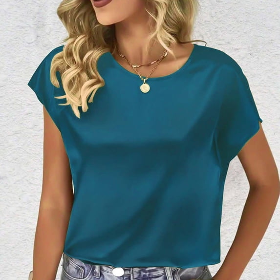 Cagogo Loose Fit Shirt for Women Under $5 Summer Tops Satin Silk Short Sleeve T-Shirts Crew Neck Cute Spring Tunics Mother Day Gifts