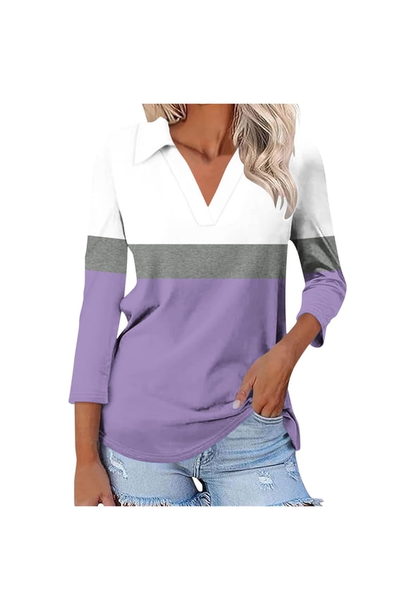 Plus Size 3/4 Sleeves Tee Shirts for Women Under $5 Summer Spring Tops V Neck Collared Color Block Shirt Business Work Clothes Outfits Mothers Day Gifts