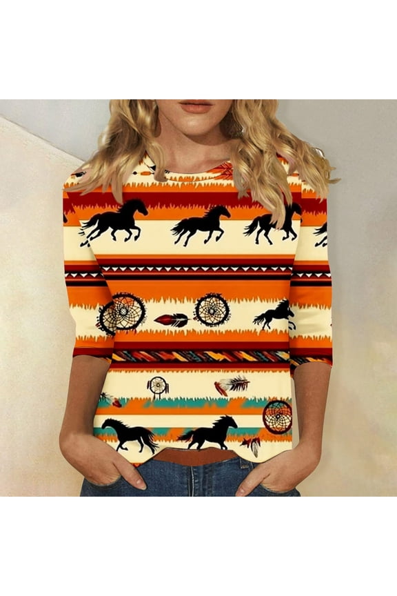 Shirt for Women Summer Tops Under $5 Plus Size 3/4 Length Sleeve Vintage Aztec Western Scoop Neck Ethnic Style Tunics Night Out White Clothes Outfits