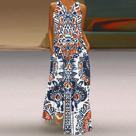 Cagogo Summer Spring Casual Loose Maxi Long Tank Sun Dresses for Womens Sleeveless Vintage Floral Swing Flowy Beach Party Dress V Neck Trendy Outfits Bridal Shower Dresses