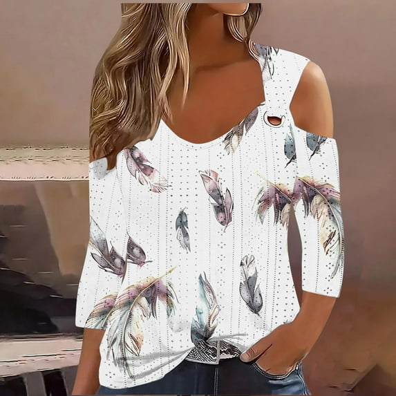 Cagogo Summer Spring Tops Boho Short Sleeve Eyelet Cold Shoulder Floral Print Blouses for Women Under $5 Loose Fitting Round Neck Tshirts Shirts Cute Green Tee Shirts